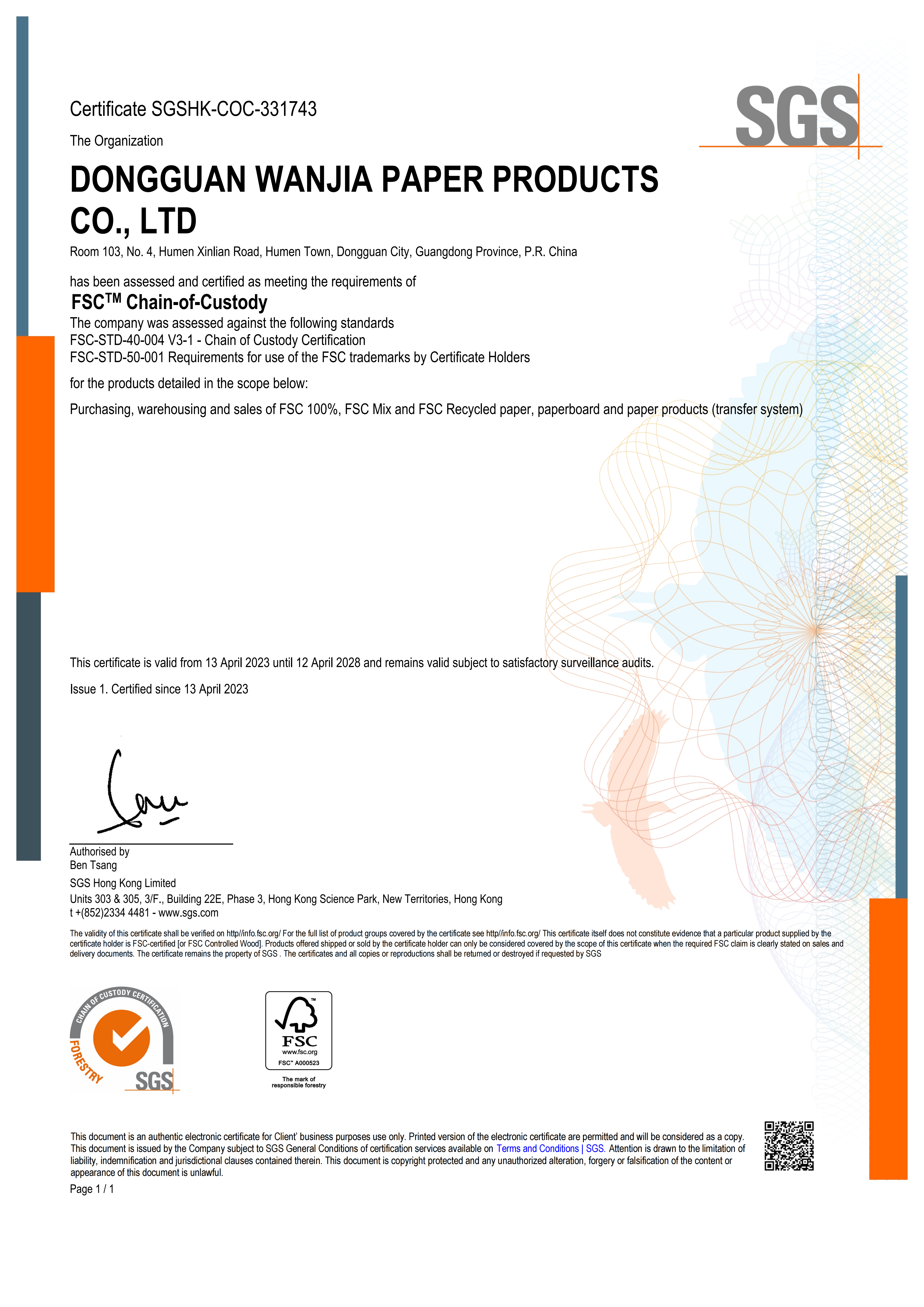 FSC Chain of Custody Certificate SGSHK-COC-331743 - Wjpaper
